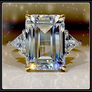 925 SUPER SQUARE CUT 9ct BAGUETTE EMERALD SIMULATED DIAMOND CLEAR RING